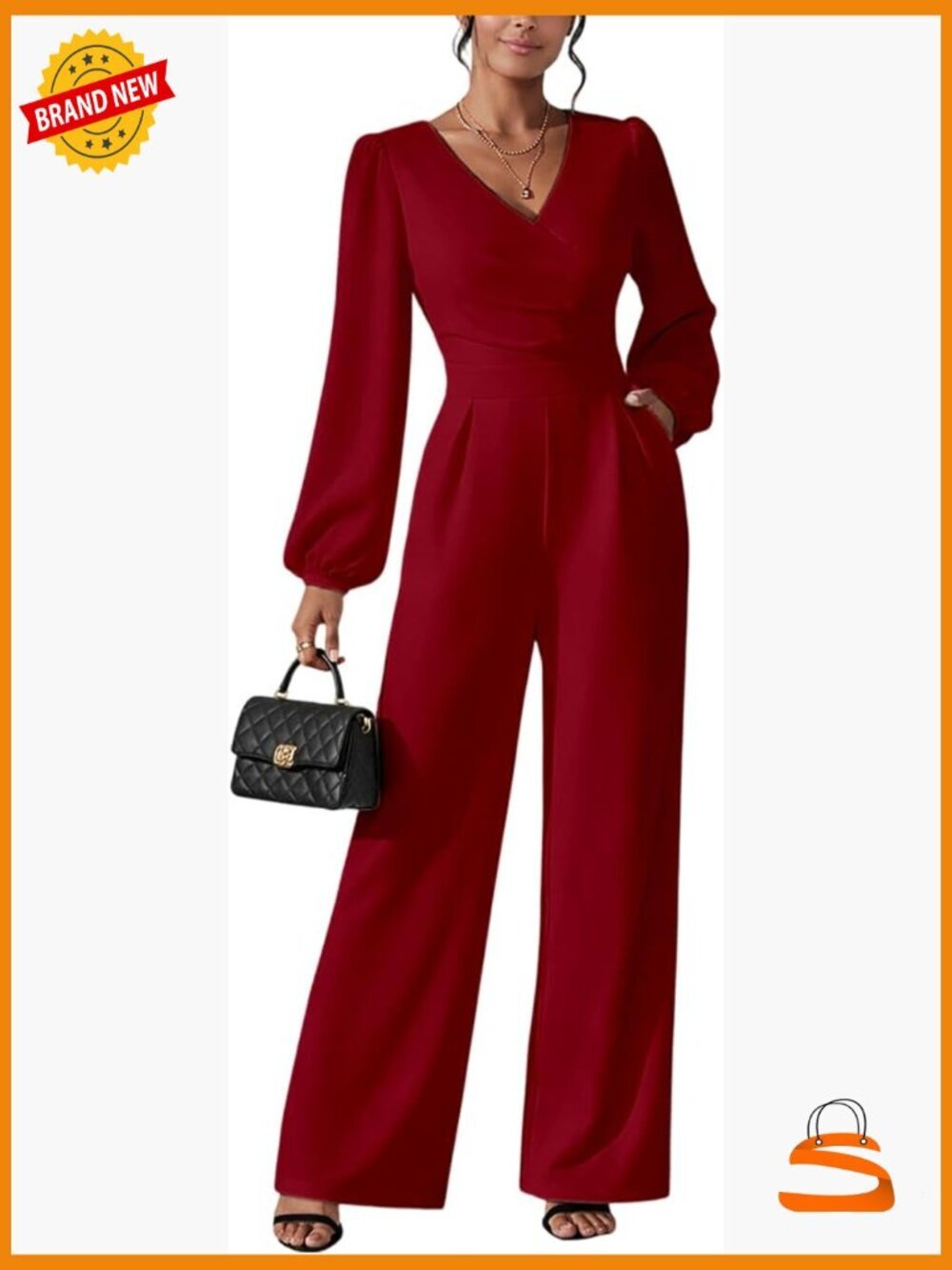 V Neck Long Sleeve Wide Leg Jumpsuit with Pockets